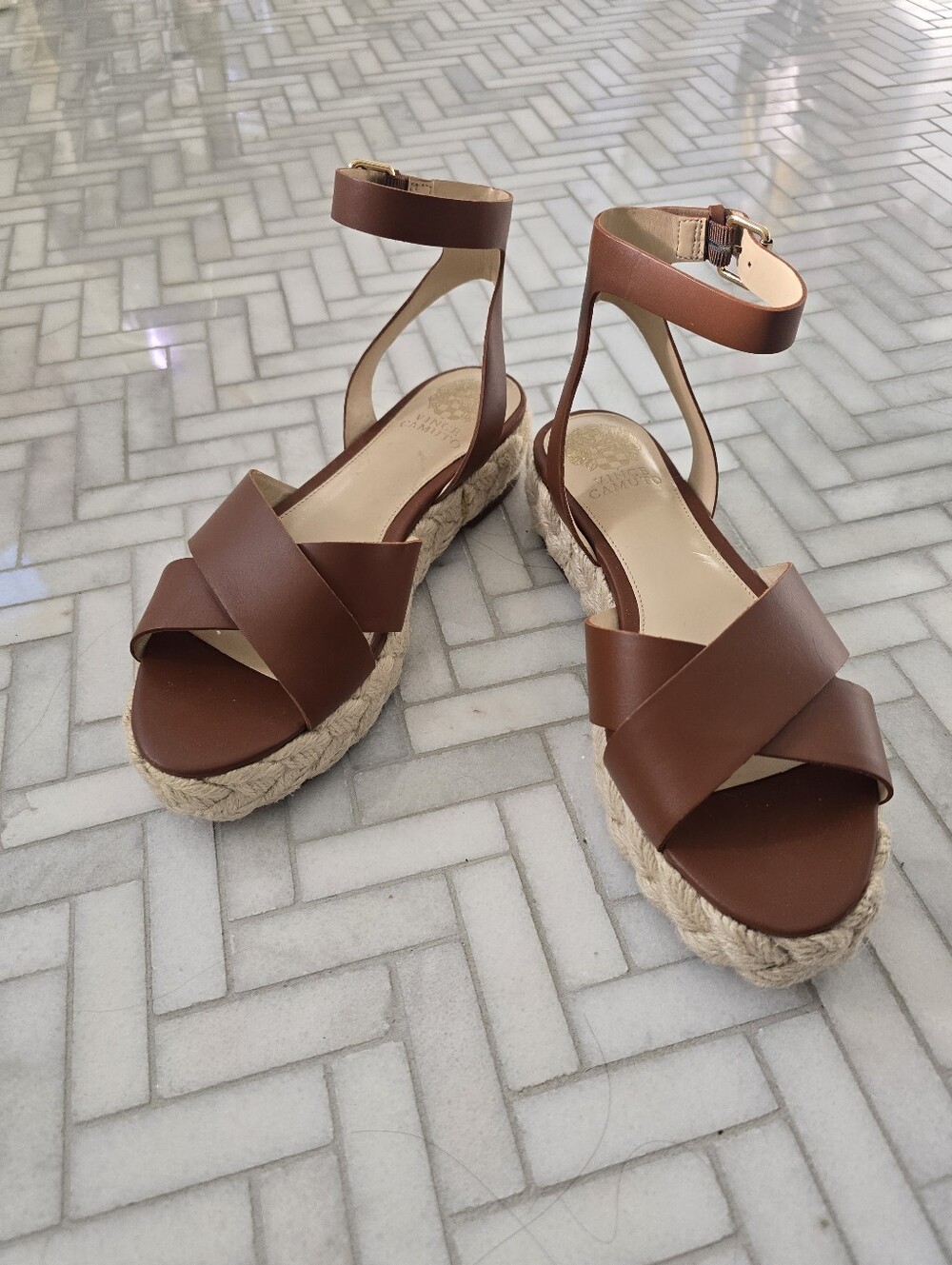 Vince Camuto Tan Brown Leather Espadrille Ankle-Strap Sandals